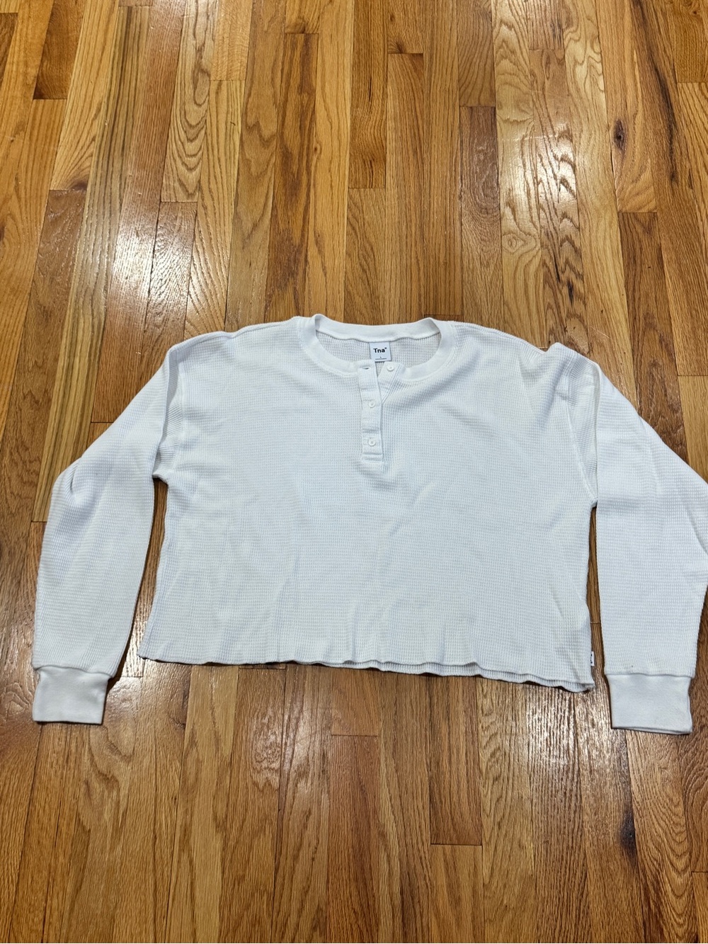 TNA White Waffle-Knit Henley Cropped Thermal shirt